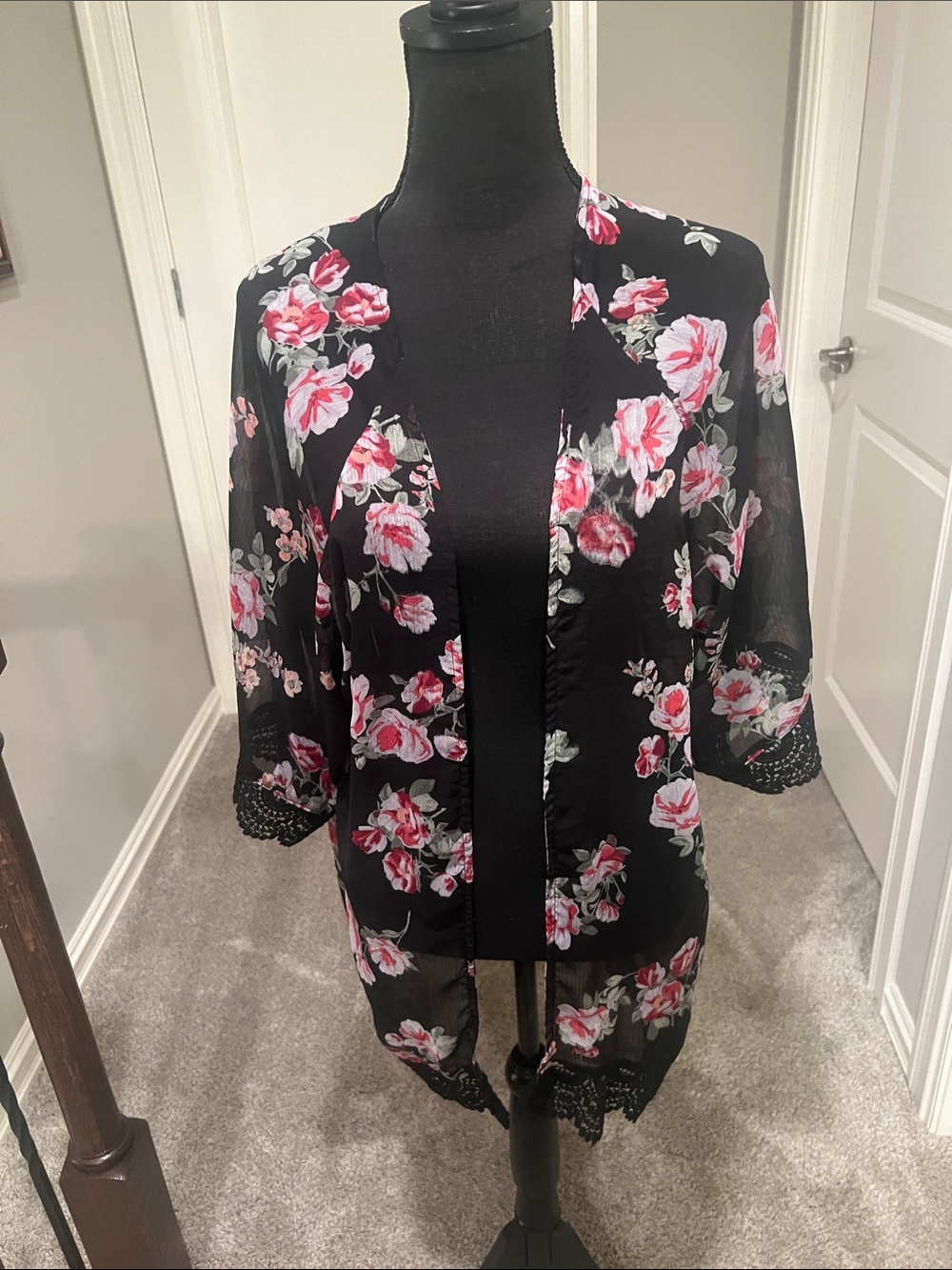 Maurices Black Floral Sheer Kimono with Pink Roses and Green Leaves